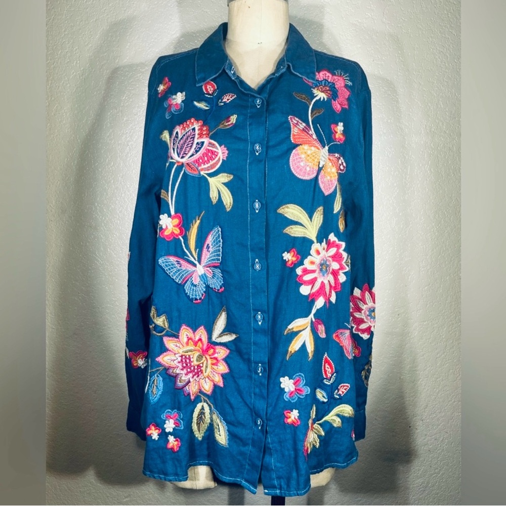 Johnny Was Butterfly Janie European Linen Shirt in Morning Glory NWT